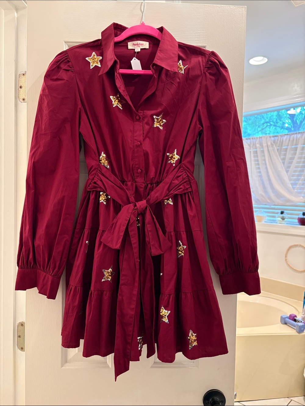Peach Love California Burgundy Star-Embellished Shirt Dress